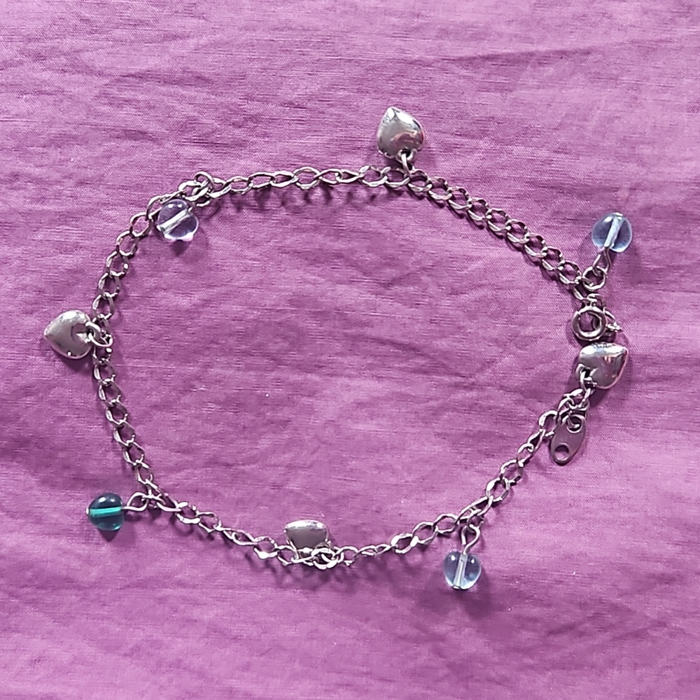 Silver Avon 9" anklet with dangly green, blue, & silver heart shaped beads